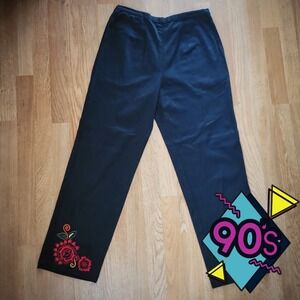 Vintage 90s Tantrums Black Floral Embroidered Pants High Waist Tapered Boho M